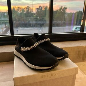 Jimmy Choo Black Slip-On Sneakers with Crystal Embellishment